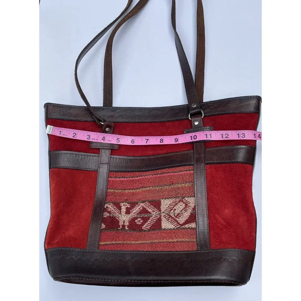 Bolivian VTG BOHO Red Suede Brown Leather‎ & Tapestry Zipper Tote Purse Bag